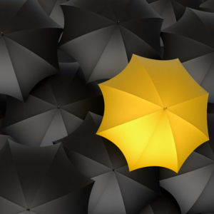 yellow umbrella amongst the black umbrellas