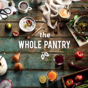 Picture of the whole pantry written on a backgroun with table andfood.